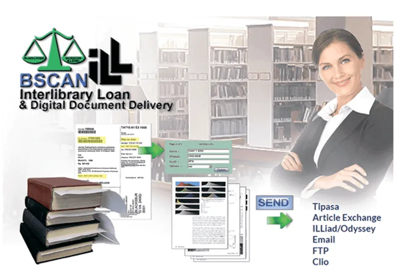 A librarian scanning an article with BSCAN ILL and sending it through Tipasa, Article Exchange and ILLiad/Odyssey