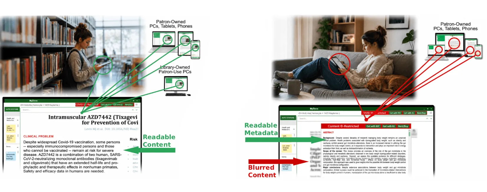 Inside the library content is readable; outside it is blurred while metadata stays readable