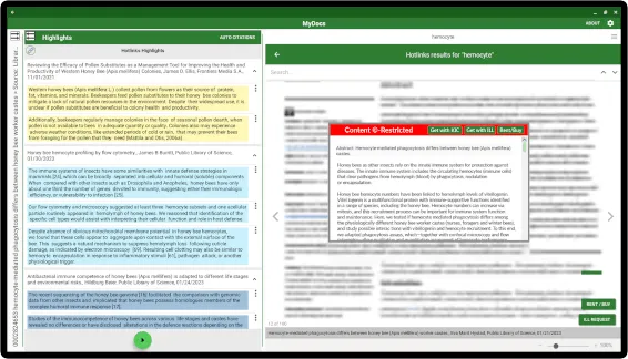 A MyDocs screen with the highlights list beside the article it came from