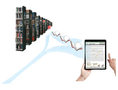 Pages flying from a row of library stacks onto a tablet held by a patron