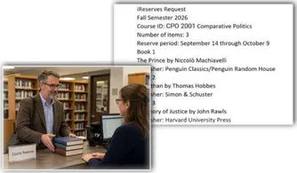 An iReserves request and an instructor at the Reserves Desk