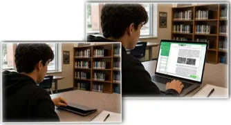 A student studying iReserves content on a notebook PC in the library